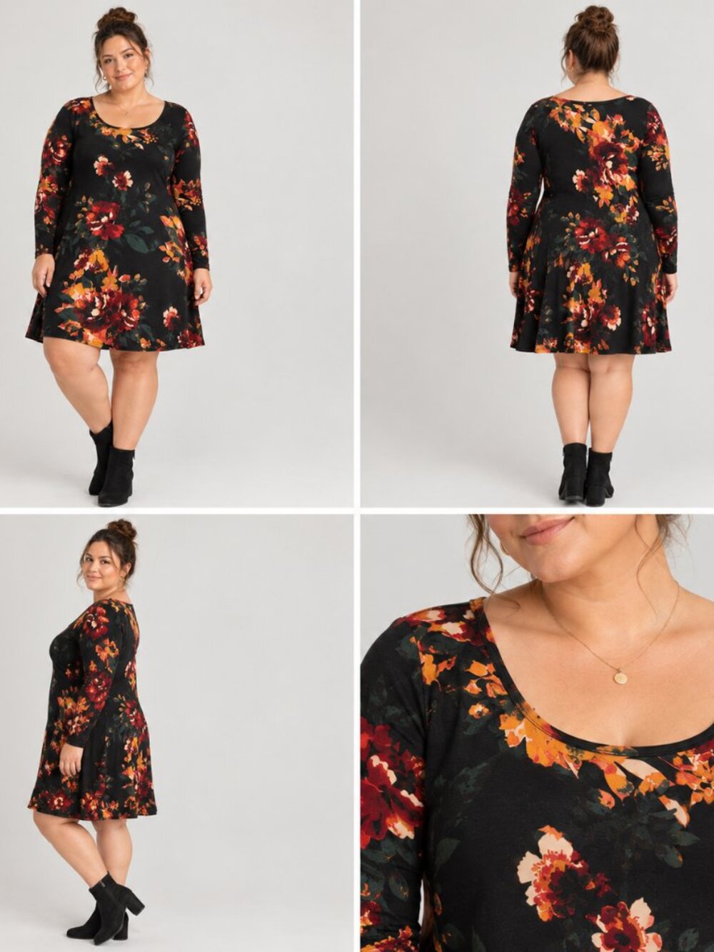 Women's Black Floral Long-Sleeve Swing Dress in XL